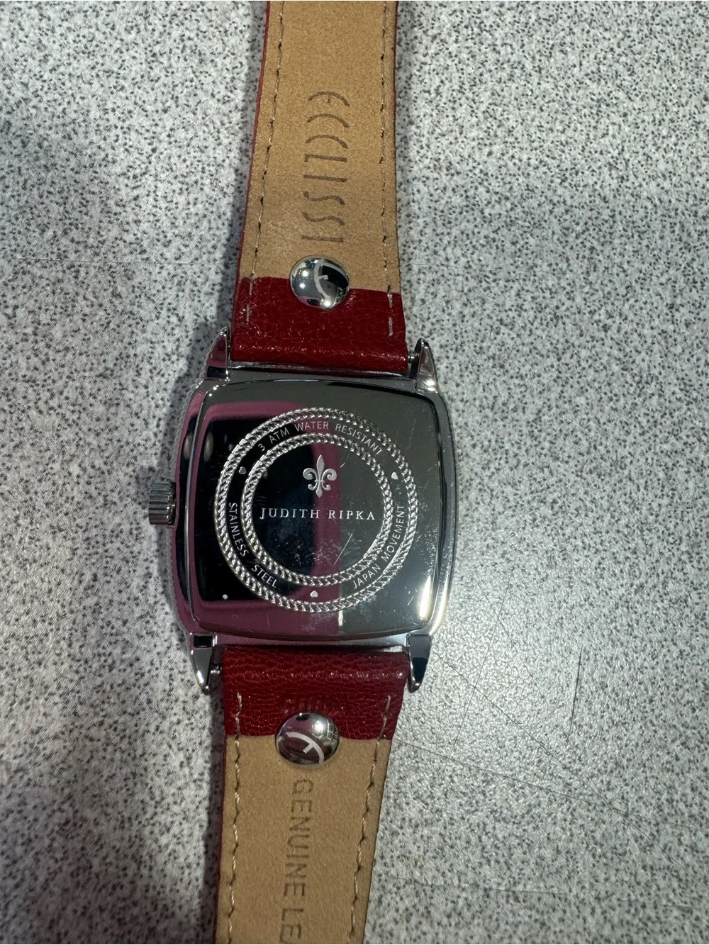 New Judith Ripka Stainless Steel Square Dial Watch with Red Leather Band